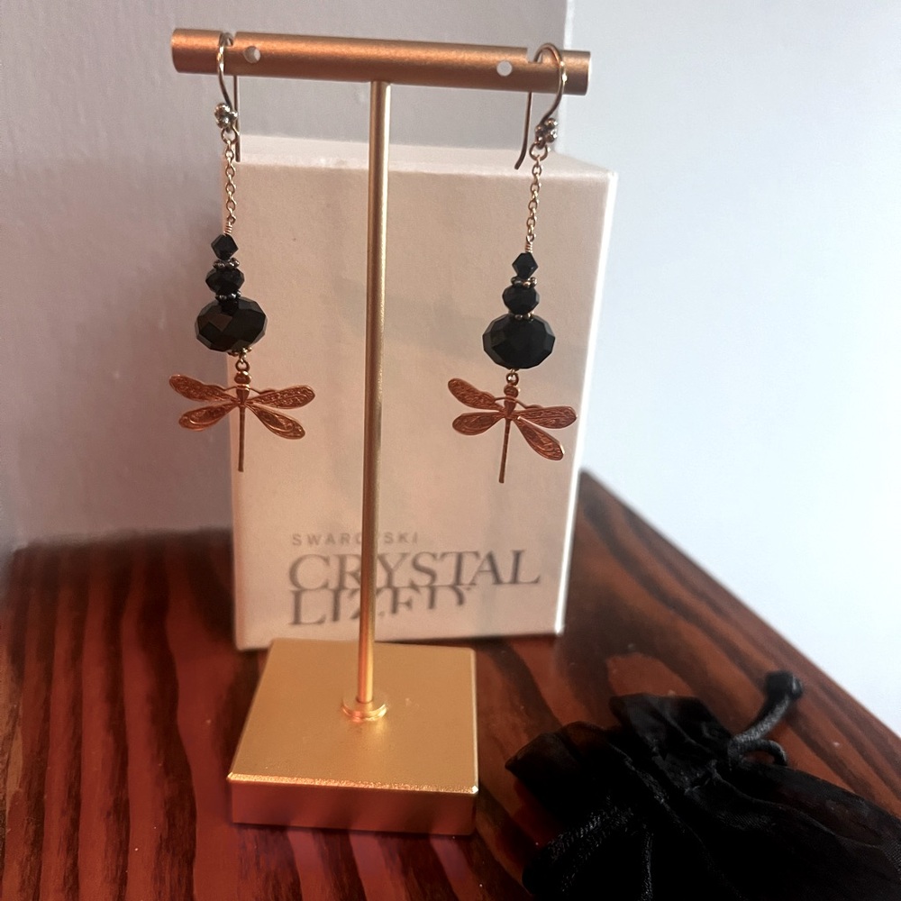 NWT Swarovski Black Earrings with Dragonfly Charm